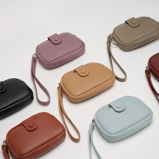 Taupe Womens Compact PU Leather Coin Purse - Stylish Mini Wallet Wristlet with Card Holder and Key Ring