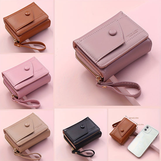 Khaki Chic Compact Trifold Wallet for Women - PU Leather Card Holder with Zipper Coin Purse & Wristlet Strap