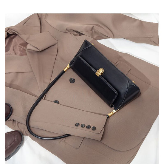 Black Elegant Vintage Baguette Shoulder Bag - Chic PU Leather Underarm Purse with Gold Clasp