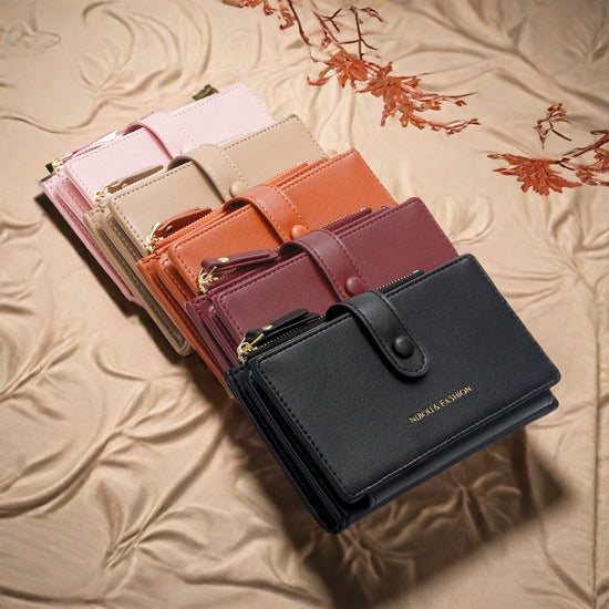 Black Compact Bifold Wallet for Women - High Capacity PU Leather Purse with Zipper Coin Pocket