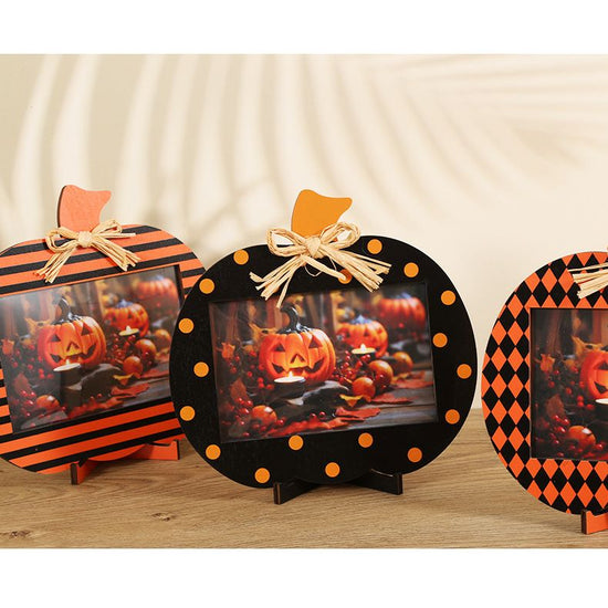 Black and Orange Polka Dot Pattern Festive Pumpkin Photo Frame - Rustic Halloween Tabletop Picture Holder