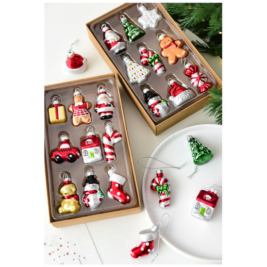 Style A Colorful Charming Miniature Glass Christmas Ornament Set - 9pc Classic Holiday Figures
