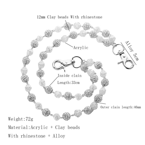 Silver and White Bling Rhinestone Beaded Wallet Chain - Double Layer Hip Hop Trouser Chain Jean Accessory(72g)
