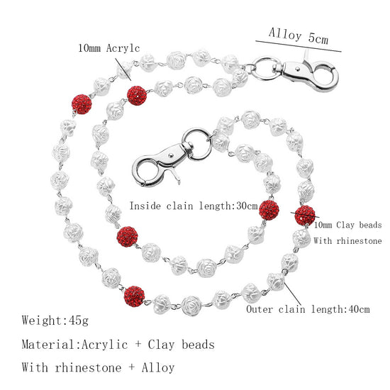 Red and White Bling Rhinestone Beaded Wallet Chain - Double Layer Hip Hop Trouser Chain Jean Accessory(45g)