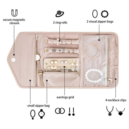 Pink Portable Jewelry Roll Bag Travel Organiser High-End Delicate Accessories Necklace Earring Ring Storage(Jewelry is not included)
