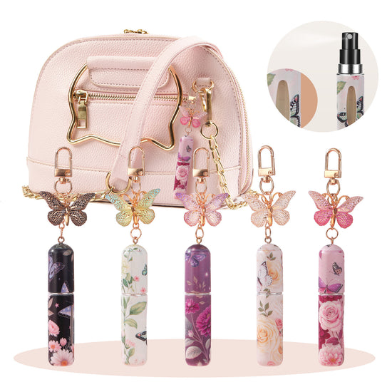Light Green 3 Pcs Portable 5ml Perfume Atomiser Keychain - Refillable Floral Spray Bottle with Butterfly Charm for Travel & Handbag