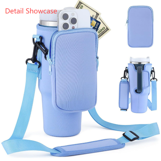 Blue Crossbody Tumbler Carrier with Detachable Wallet Pouch and Adjustable Strap