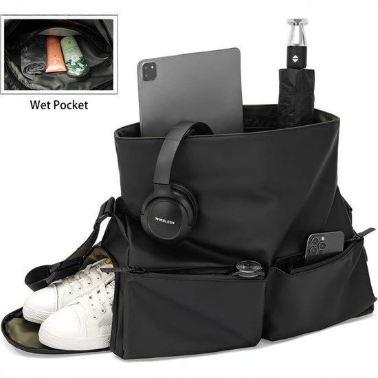 Black Large Capacity Waterproof Tote Bag - Convertible Crossbody Messenger for Gym, Travel & Work