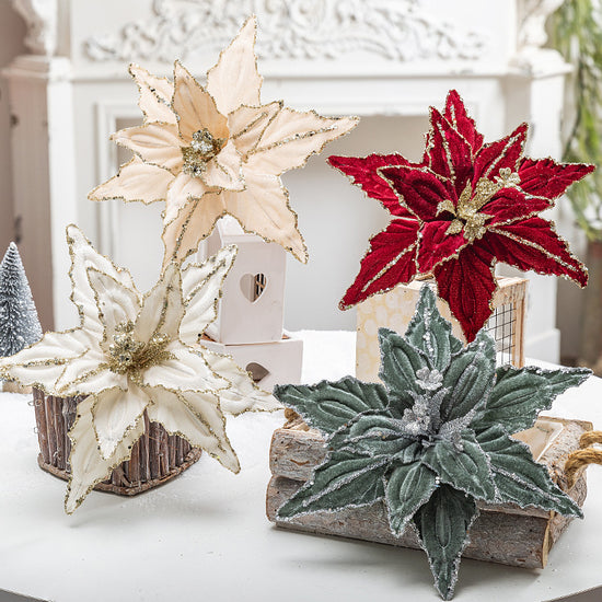 Dazzling 4-Piece 26cm Christmas Poinsettia Flower Set - Red & Gold Glitter Velvet Artificial Flowers for Christmas Tree Decoration & Sprigs