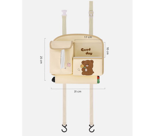 Brown Cute Bear Car Back Seat Organiser PU Leather Hanging Storage Pouch with Tissue Box Holder and Umbrella Strap Universal Travel Accessory