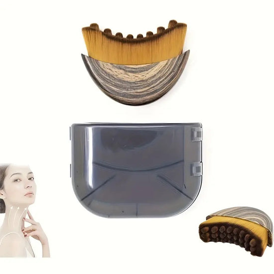 Two-piece Facial Contour and Massage Brush with Storage Case - Soft High-Density Bristles for Face Neck & Lymphatic Care - Portable Ergonomic Design (Wood Pattern)