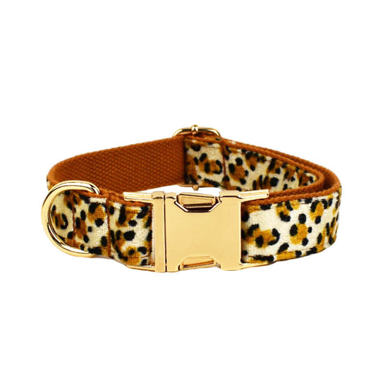 S Luxury 5 Piece Dog Harness and Collar Set Leopard Print with Leash Bow Tie & Waste Bag Holder Gold Metal Buckle Walking Gear