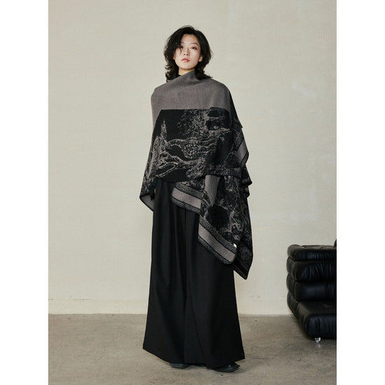 Faux Cashmere Shawl (Qingming Scroll Print) - Purple Cyan, 160*135cm