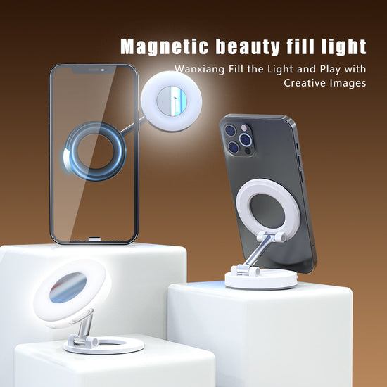 Black 2-in-1 Folding Portable Selfie Light and Magnetic Phone Stand - Vlogging Ring Light with Adjustable Kickstand, Three-Color Soft Light & USB Rechargeable