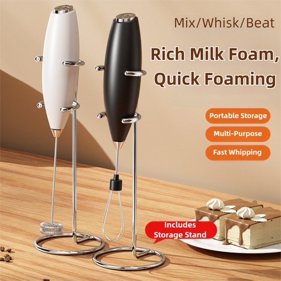 Black Battery-Powered Frother and Whisk with Stand