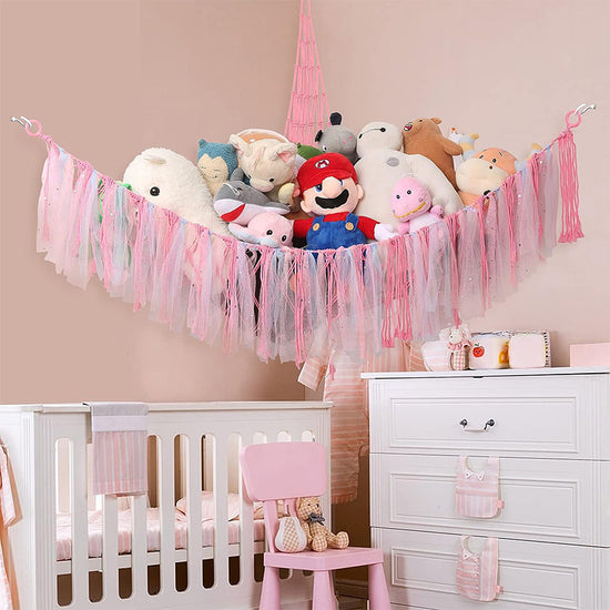 Pink Corner Plush Toy Organizer (100x100x150cm) with Ribbon Accent & Installation Kit - Handwoven Cotton Mesh Toy Storage Hammock