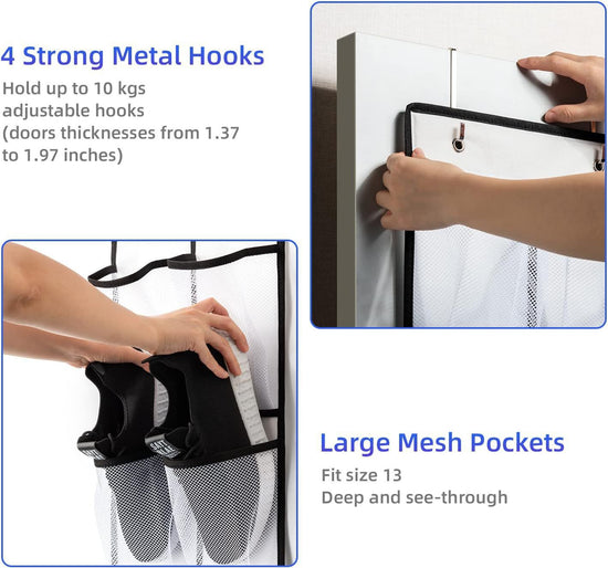 Black 28-Pocket Over-the-Door Shoe Organizer with Breathable Mesh – Wall Hanging Storage Bag for Shoes, Boots, and Accessories