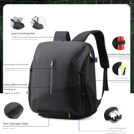Black Multi-functional Sports Backpack for Men & Women - Waterproof Basketball, Badminton, Tennis & Soccer Bag with Shoe Compartment + Net