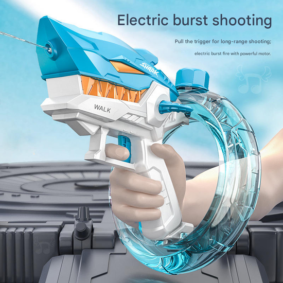 Grey Electric Shark Water Gun for Kids - Automatic Continuous Shot Blaster with Large Capacity Water Bottle & Rechargeable Lithium Battery - Long Range Summer Outdoor Toy