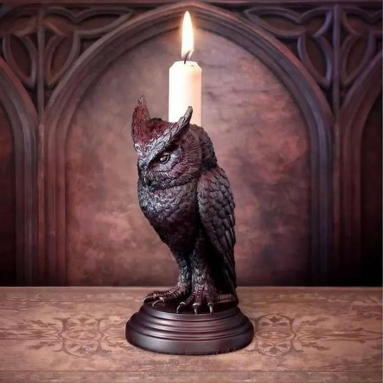 2-PCS Resin Gothic Owl Candlestick Holder Halloween Home Decor Vintage Animal Statue Candle Stand for Table Centerpiece and Party