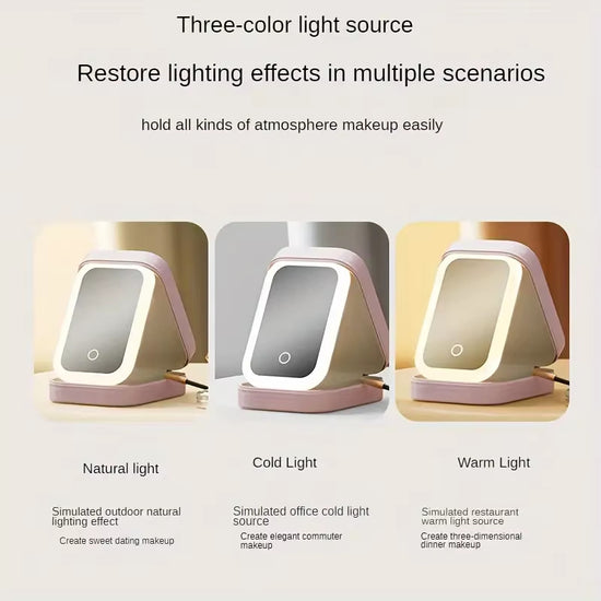 Green Portable LED Makeup Mirror with Jewellery Storage Box Touch Screen Adjustable Light Travel Cosmetic Organizer Case