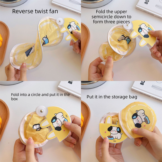5 Pack Blue Beach puppy Cute Cartoon Folding Hand Fans Portable Mini Circular Fans 20x24cm for Aussie Summer Outdoor Travel with Matching Storage Pouches for Kids and Adults