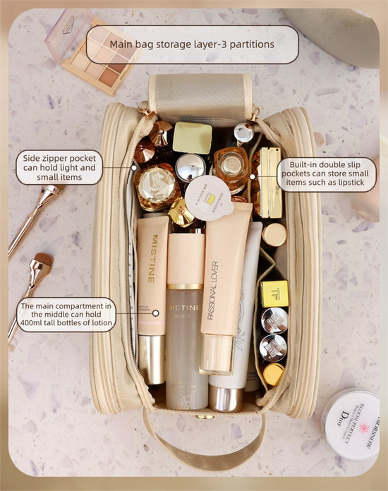 Luxury Camel Colour Large Capacity Makeup Bag – 3-Layer Double Zipper Travel Toiletry Organizer with Waterproof TPU Brush Holders