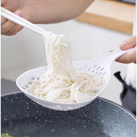 2 Pack Large Skimmer Slotted Spoon Colander Scoop - Long Handle Heat Resistant Food Strainer for Pasta, Noodles & Dumplings - White & Orange