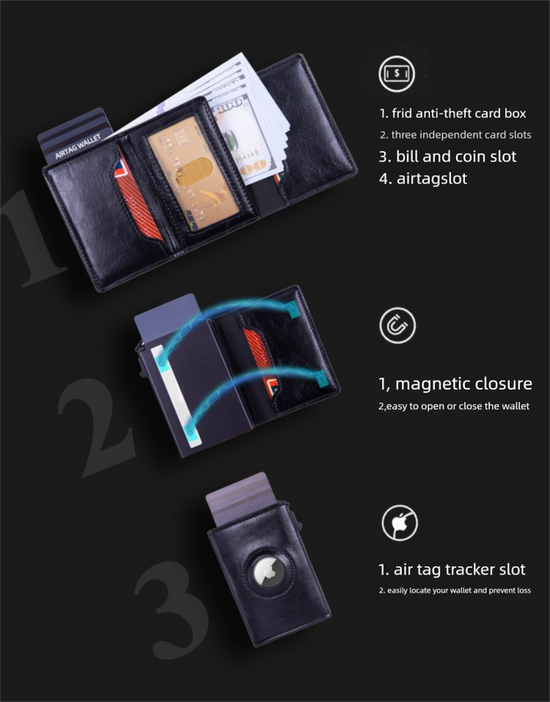 RFID Blocking Pop-Up Card Wallet with AirTag Holder - Crazy Horse Leather Style Aluminium Smart Wallet - Automatic Slider with Cash Slot - Vintage Black (AirTag Not Included)