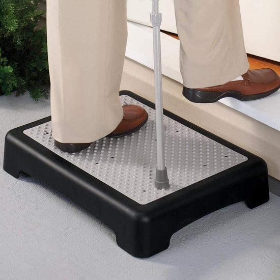 Portable Outdoor Half Step Stool Mobility Aid with Absorbent Non-Slip Grey Mat Compact 43x33cm White Base for Bath & Car