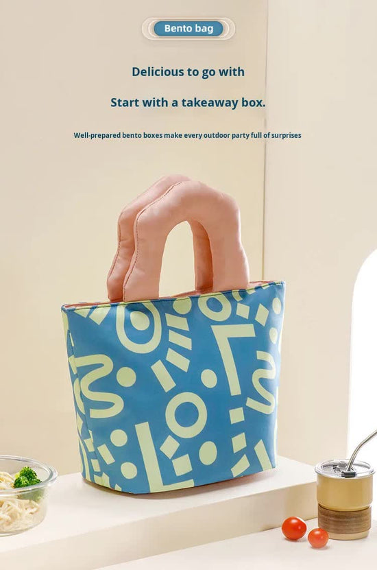Insulated Lunch Bag Tote Fashion Graffiti Print with Soft Padded Handle Waterproof Thermal Cooler Bento Case for Work School and Picnics Blue with Pink Handle