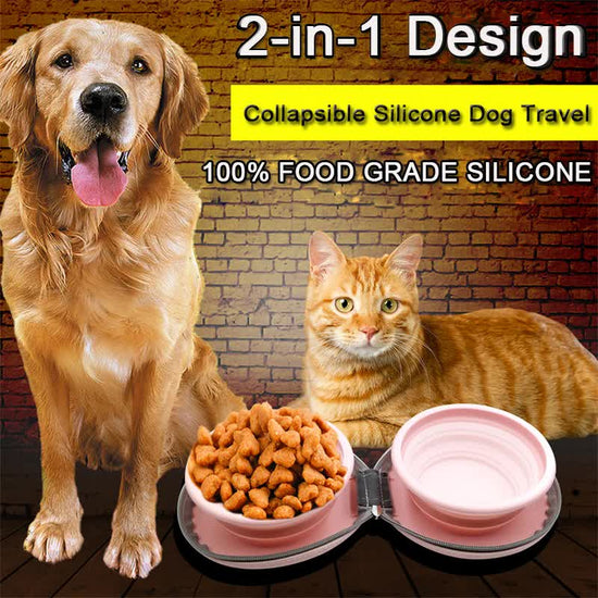 Portable Silicone Double Pet Bowl - Collapsible Travel Dog Feeder for Food & Water - 2 x 450ml Capacity with Zipper Case - Pink