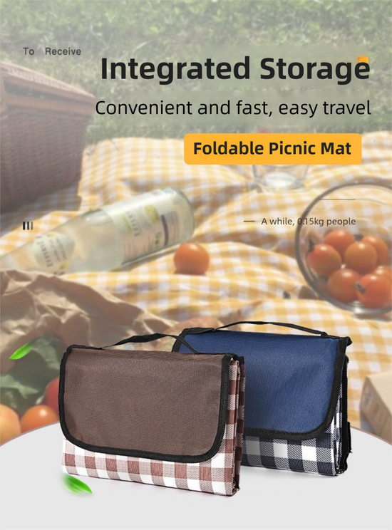 Blue Striped Foldable Waterproof & Moisture-Proof Picnic Blanket 150x100CM - 600D Three-Layer Composite Oxford Extra Large Mat for Beach & Camping