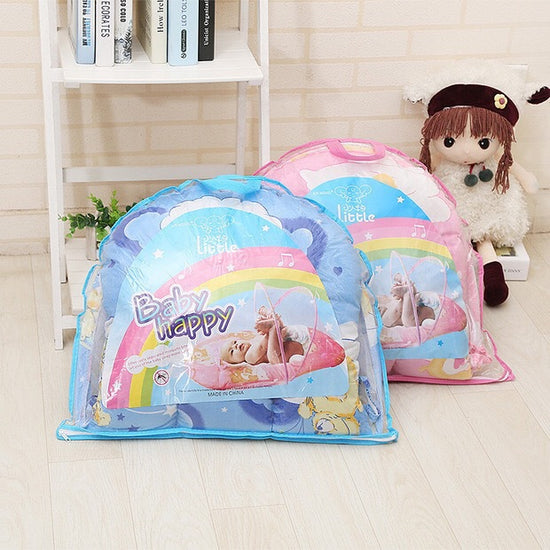 Blue Polka Dots Portable 3-in-1 Mosquito Net Set with Soft Sleep Pad & Pillow - Foldable Pop-Up Travel Bassinet for Infants, Breathable Shield for Indoor & Outdoor Use
