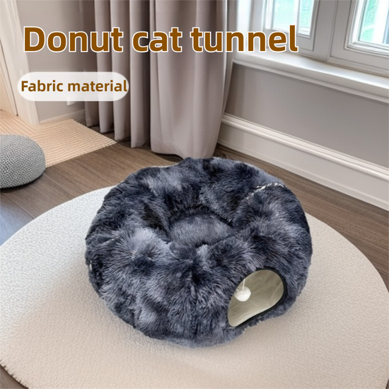 2-in-1 Dark Grey Tie-Dye Donut-Shaped Cat Tunnel Bed - Spacious 85cm Pet Play Tunnel & Lounger, Durable Fabric for Cats & Kittens
