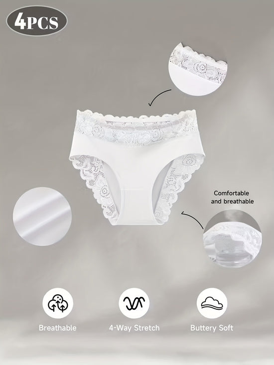 4-Pack White Elegant High-Waist Lace Panties for Women(Size XL) - Tummy Control & Butt Lifting Briefs, Breathable Underwear with Cotton Crotch Lining