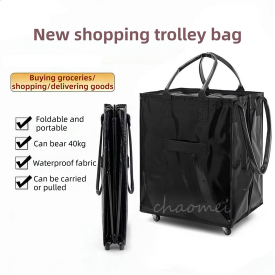 Blue Portable Folding Shopping Trolley Bag(50x40x30CM) - Durable Woven Fabric, Reusable Grocery Bag with Wheels for Effortless Travel