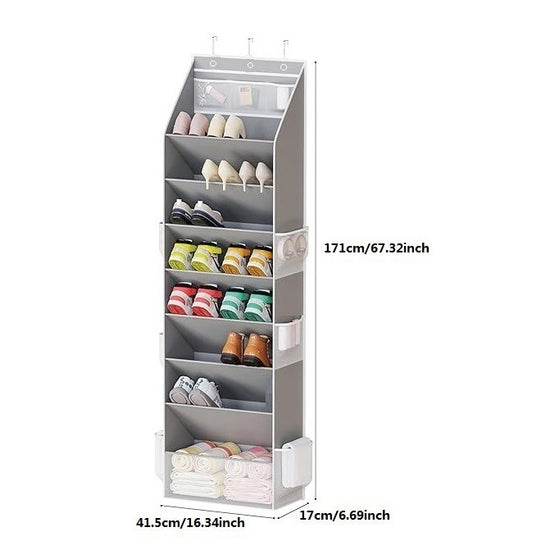 Black 8-Tier Over-the-Door Shoe Organizer with 7 Slanted & 1 Flat & 6 Side Pockets - Multi-Functional Wall Mount for Shoes, Bags and Towels