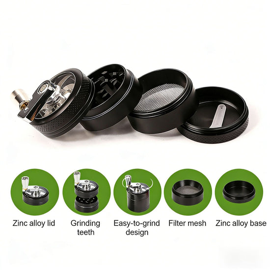 Green 40mm Zinc Alloy 4-Layer Hand-Crank Grinder – Compact Metal Spice & Herb Crusher with Stainless Steel Teeth, Filter Mesh, and Portable Design