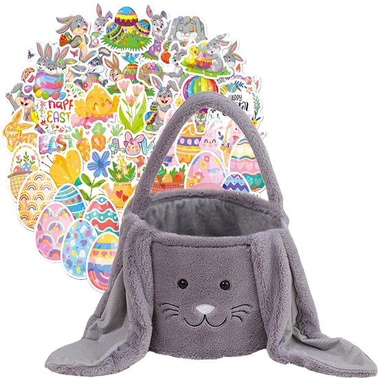 Grey Cute Plush Bunny Easter Basket with Long Ears and Personalization Option for Kids Egg Hunt and Spring Celebration