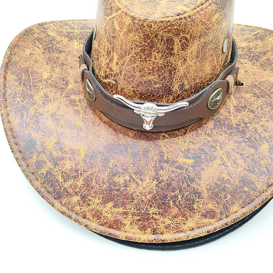 Retro Western Cowboy Hat Khaki Distressed Crackle Finish Bull Head Emblem Wide Brim Sun Protection Outback Bush Hat for Men Women L 58-60cm