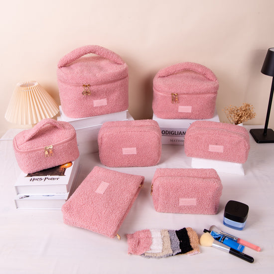 Medium Pink Teddy Fleece Cosmetic Pouch - Soft Sherpa Flat Makeup Bag & Travel Clutch - Multi-purpose Organiser (26cm x 18cm)