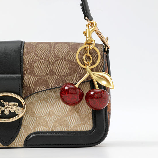 Luxury Sparkly Red Cherry Bag Charm Keychain - Gold Tone Metal Fruit Keyring with Glitter Finish - Cute Purse Accessory for Handbags & Car Keys (11.5cm)