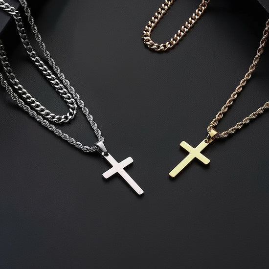 Gold Tone Cross Pendant Necklace Twisted Rope Chain 45cm Unisex Fashion Jewellery Gift for Men & Women