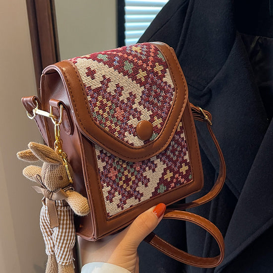 Red Boho-Chic PU Leather Crossbody Phone Purse with Cute Rabbit Pendant - Stylish Multi-Functional Compact Square Bag