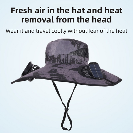 Dark Grey Dual Turbo Fan Sun Hat with Square Solar Panel & TypeC Interface - Waterproof 14cm Wide-Brim Cooling Hat for Outdoor Fishing Hiking Camping