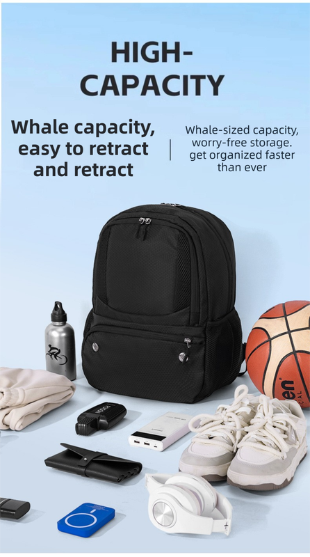 24L High-Capacity Black Basketball Backpack with Shoe Compartment & Dedicated Ball Zone - Waterproof & Durable Oxford Training Bag