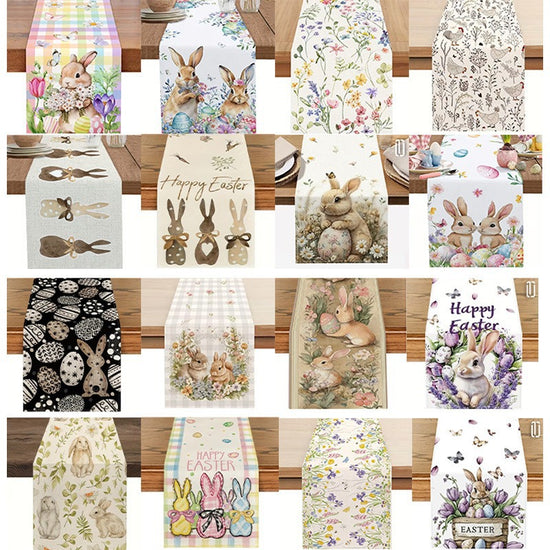 33 x 183 CM Festive Easter Linen Table Runner - Cartoon Bunny Table Runner & Stain-Resistant Primitive Home Decor (Style-7)