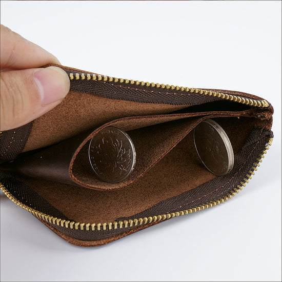 Coffee Handmade Crazy Horse Leather Wallet Minimalist L-Zip Card Holder Top Layer Cowhide Short Purse with Coin Pocket 12cm Vintage Style