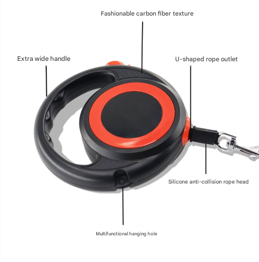 Black-red Heavy Duty Retractable Dog Leash with Ergonomic Wide Handle - Automatic Tangle-Free Extending Lead for Large and Medium Dogs - Carbon Fiber Texture